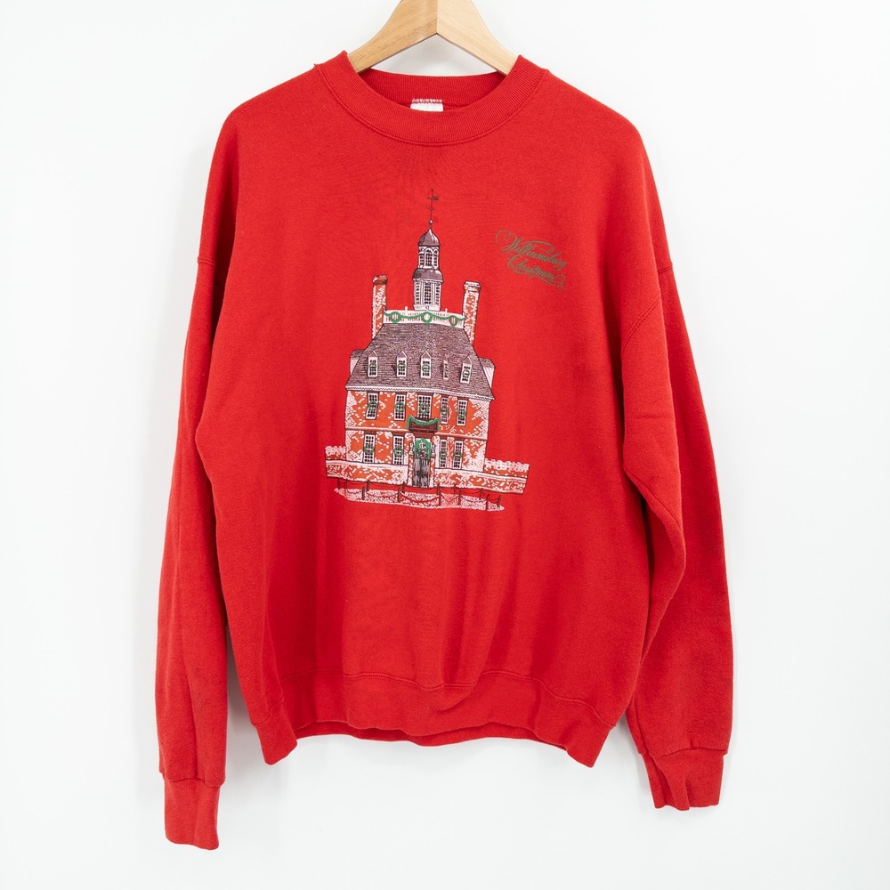 Vintage Colonial Williamsburg Christmas Sweatshirt Size XL 90s Red Holiday Tacky
